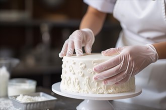 Hands in gloves preparing cream cake at confectionery shop. KI generiert, generiert AI generated