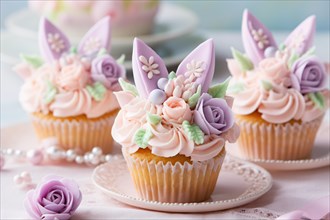 Cute Easter cupcakes with bunny ears and flowers. KI generiert, generiert AI generated