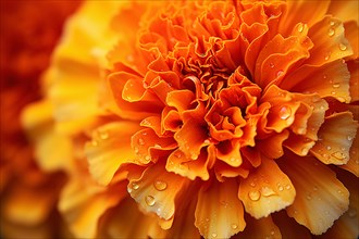 Close up of orange Marigold flower head with water drops. KI generiert, generiert AI generated