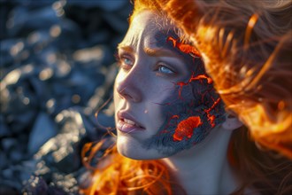 Portrait of a woman looking into the distance with lava facial texture and red hair, surrounded by
