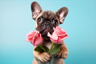 Cute French Bulldog dog puppy with pink roses. KI generiert, generiert AI generated