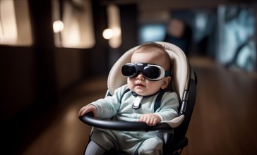 Baby in a stroller wearing VR glasses, a gadget for baby relaxation, AI generated