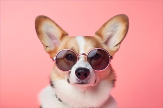 Welsh Corgi dog with sunglasses on pastel background. KI generiert, generiert AI generated