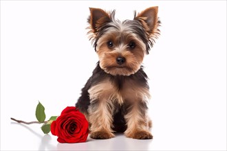 Cute Yorkshire Terrier dog with single red rose on white background. KI generiert, generiert AI