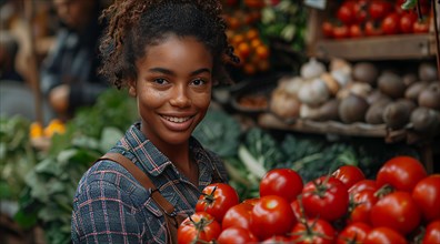 Young woman smiling at camera holding a tomato at a market stall, ai generated, AI generated