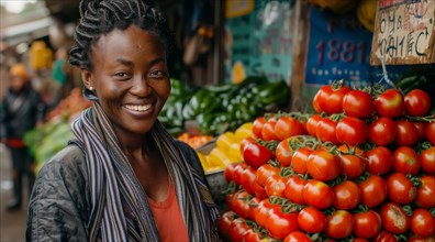 Radiant woman with a vibrant smile standing by a tomato stand at a market, ai generated, AI