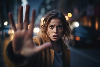 Woman rising hand in defensive pose in dark street. Crime and sexual harassment concept. KI