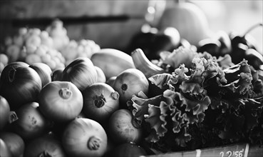 Black and white photo of fresh vegetables on the counter in the market AI generated
