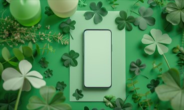 Smartphone mockup with green clover leaves on a green background. AI generated