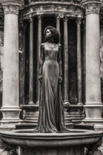 Woman in elegant attire stands among ornamental columns and statues, AI generated