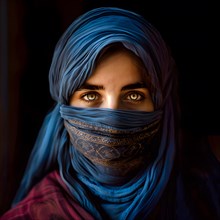 Young Muslim woman with expressive eyes and wearing a traditional blue headscarf called a hijab, AI