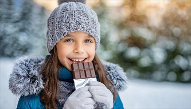 KI generated, Young girl, 10, years, eating a bar of chocolate, one person, outdoor shot, ice,