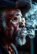 Symbolic image for the release of marijuana, an older black man with a grey beard, brass glasses