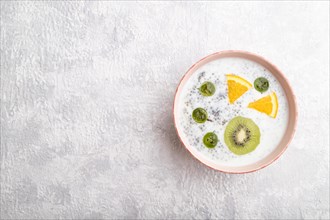Yogurt with kiwi, gooseberry, chia in ceramic bowl on gray concrete background. top view, flat lay,