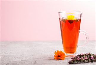 Glass of herbal tea with calendula and hyssop on a gray and pink background. Morninig, spring,