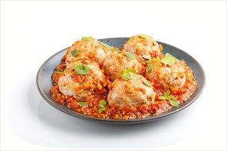 Pork meatballs with tomato sauce, oregano leaves, spices and herbs on blue ceramic plate isolated