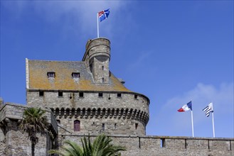 Castle, today town hall and museum, flags of St. Malo, Brittany, France, Saint Malo, Brittany,