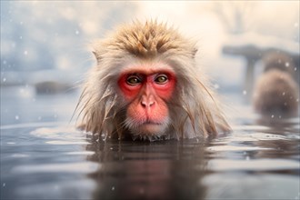 Japanese Macaque monkey in hot onsen bath. KI generiert, generiert AI generated