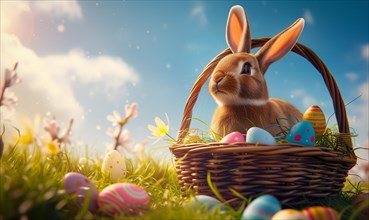 Cute Easter bunny sits beside a basket filled with colorful, decorated eggs amidst a vibrant green