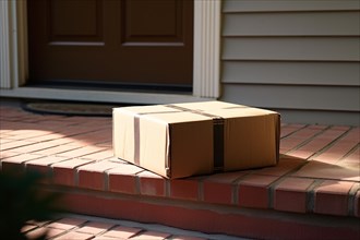 Cardboard box parcel delivered in front of entrance door. KI generiert, generiert AI generated