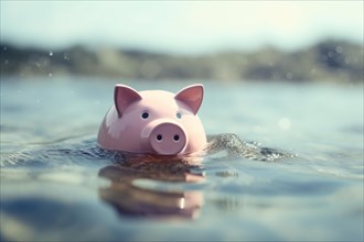 Pink piggy bank drowning in water. Concept for recession. KI generiert, generiert AI generated