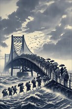 People clutching umbrellas march on a bridge amidst a stormy seascape with birds overhead, AI