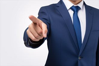 Man in business suit pointing finger at camera on white background. KI generiert, generiert AI