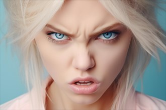 Close up of face of very angry woman with blond hair and blue eyes. KI generiert, generiert AI