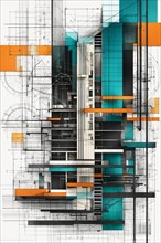 Abstract geometric artwork with overlapping architectural elements in teal and orange, vertical