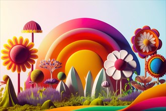 Surreal 3D illustrated abstract garden with rainbow and stylized flowers, Spring garden background