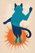 Art piece with a cat jumping in front of a bold sun with striking orange and blue, minimalist