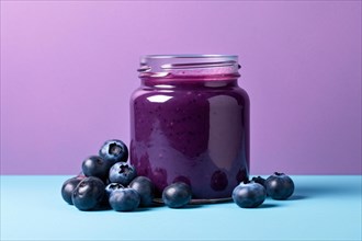 Jar with purple blueberry jam or marmelade. KI generiert, generiert AI generated