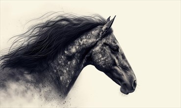 Monochrome image capturing the motion of a horse's mane in an abstract style AI generated