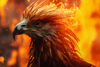 Head of mythical Phoenix bird with flames in background. KI generiert, generiert AI generated