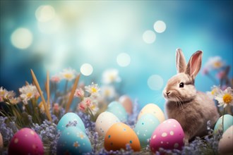 Cute Easter bunny sits beside colorful, decorated eggs amidst a vibrant green field under the