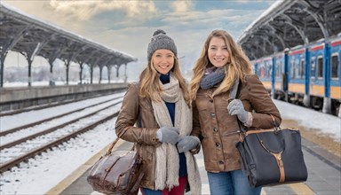 AI generated, Two young blonde woman want to travel and wait for the train at the station, 20, 25,