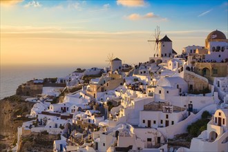 View of Oia at sunset, Santorini, Cyclades, Greece, Europe