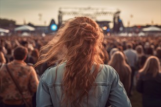 Back view of young woman with long red hair at open air music festival. KI generiert, generiert AI