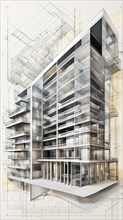 Transparent architectural rendering of a modern building, detailed in grayscale, vertical aspect