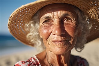 Elderly woman with wrinkled skin weraing summer straw hat at beach. KI generiert, generiert AI