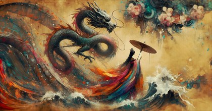 Dynamic abstract scene with a geisha under an umbrella and a dragon amidst swirling colors, shunga