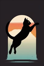 A cat's silhouette in an archway with a tranquil sunset vista, minimalist vintage design muted