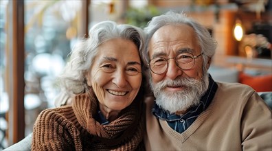 An elderly couple smiling warmly, dressed in cozy sweaters, radiating affection, ai generated, AI