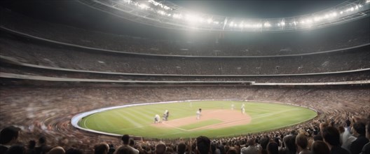 Motion-blurred view of a crowded stadium during a baseball game, horizontal wide aspect ratio,