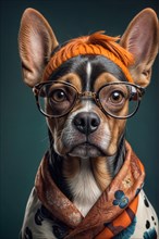 Stylish chihuahua adult dog sporting trendy glasses and an orange bandana, over grey solid studio