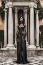 Elegant woman stands in a classic black dress amidst ornate pillars, AI generated