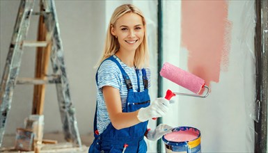 AI generated, woman, woman, a young girl paints a wall with new colour, pink, pink, renovation of