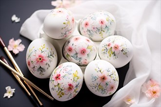 White easter eggs painted with delicate pink flowers and leaves. KI generiert, generiert AI