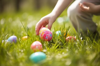 Child's hand picking up painted egg from grass during Easter egg hunt. KI generiert, generiert AI