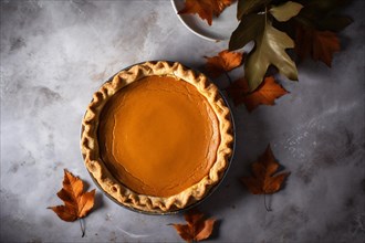Top view of traditional pumpkin pie on gray background. KI generiert, generiert AI generated